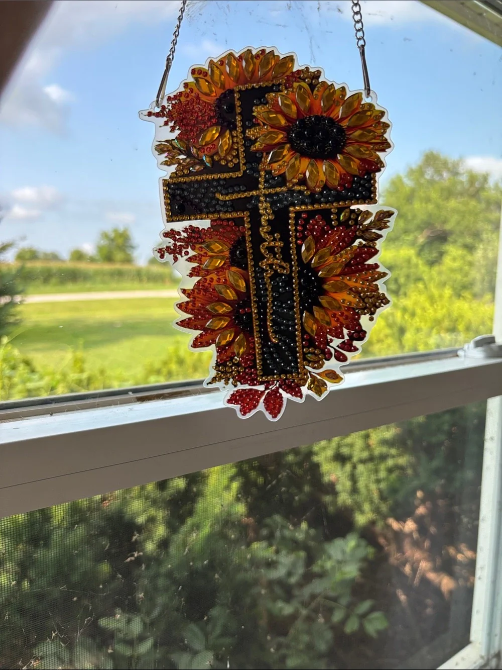 Sunflower Cross Wall Hanging - Yellow and Black Beaded Home Decor